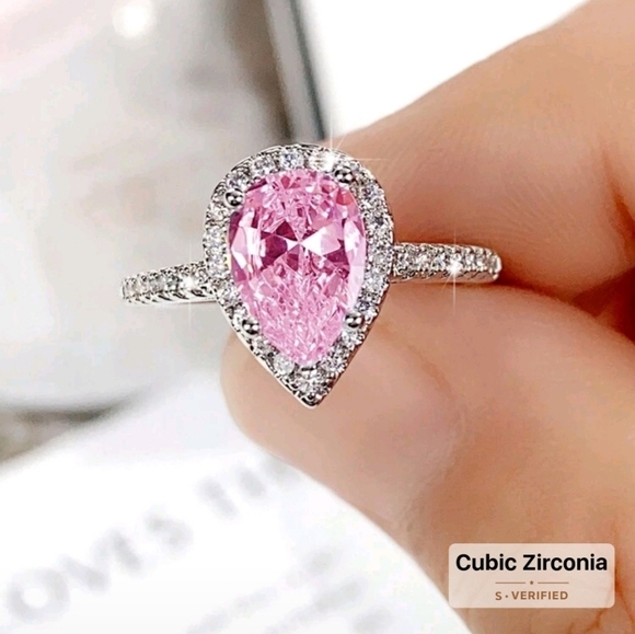 Sterling Silver Pear Cut Cubic Zirconia Pink Teardrop Ring Sz 7 - Picture 3 of 7